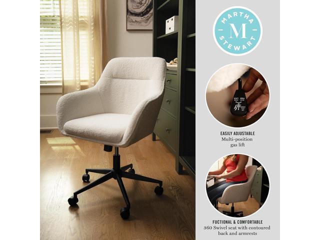 Martha Stewart Rayna Swivel Task Chair with Flared Arms for Home Office in White Boucle with Oil Rubbed Bronze Frame