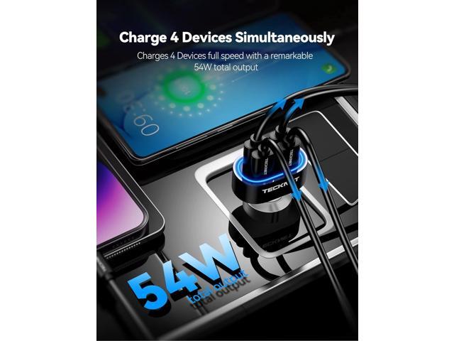 TECKNET USB Car Charger 54W 4-Port Car Phone Charger Adapter QC 3.0 Port Cigarette Lighter Charger Fast Charging Adapter Compatible with iPhone 15...