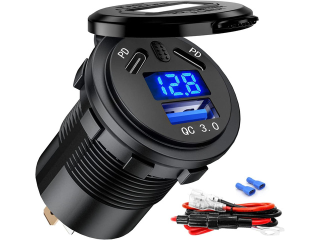 BATIGE 2 Pack 3 Ports Car Charger Socket Dual 45W PD Type C & 18W QC 3.0 with Voltmeter and Button Switch, USB Charger Socket for 12V/24V Car Boat...