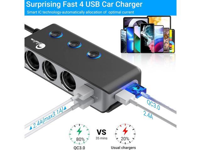 Quick Charge 3.0 Cigarette Lighter Splitter, Qidoe 3 Socket 180W Cigarette Lighter Adapter with 4 USB Fast Charging, DC 12V/24V Cigarette Outlet...