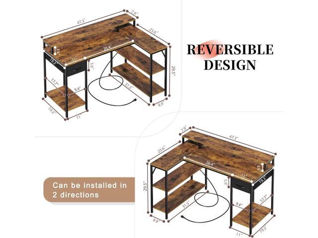 SUPERJARE L Shaped Gaming Desk with LED Lights & Power Outlets, Reversible Computer Desk with Shelves & Drawer, Corner Desk Home Office Desk,...