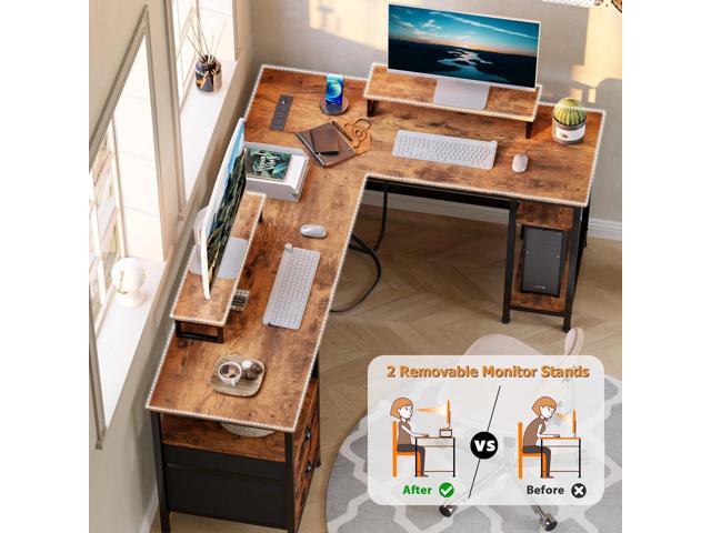 Furologee 66 L Shaped Desk with Power Outlet, Reversible Computer Gaming Desk with File Drawer & 2 Monitor Stands for Home Office with Storage...