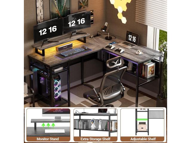 Unikito L Shaped Computer Desk with Magic Power Outlets and Smart LED Light, Reversible 55 Inch Corner Office Desk with Monitor Stand, Unique Grid...