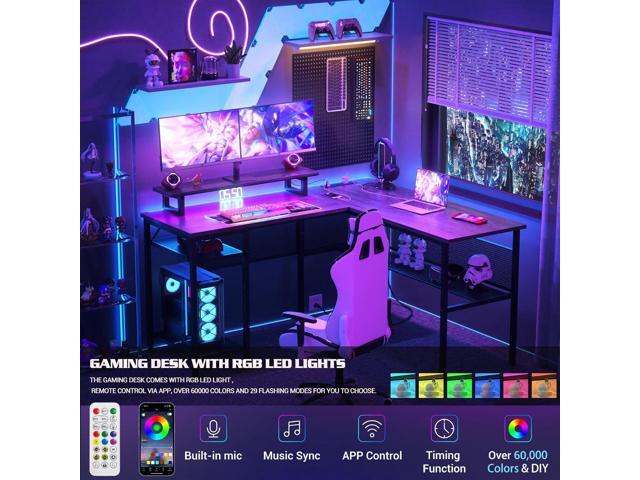 Unikito L Shaped Computer Desk with Magic Power Outlets and Smart LED Light, Reversible 55 Inch Corner Office Desk with Monitor Stand, Unique Grid...