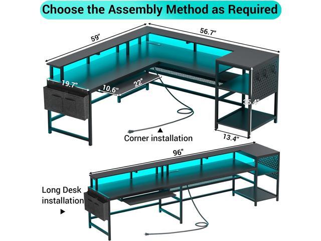SEDETA L Shaped Gaming Desk, Reversible Computer Desk, Gaming Desk with Power Outlets & LED Strip, Monitor Shelf, Keyboard Tray, Pegboard and...