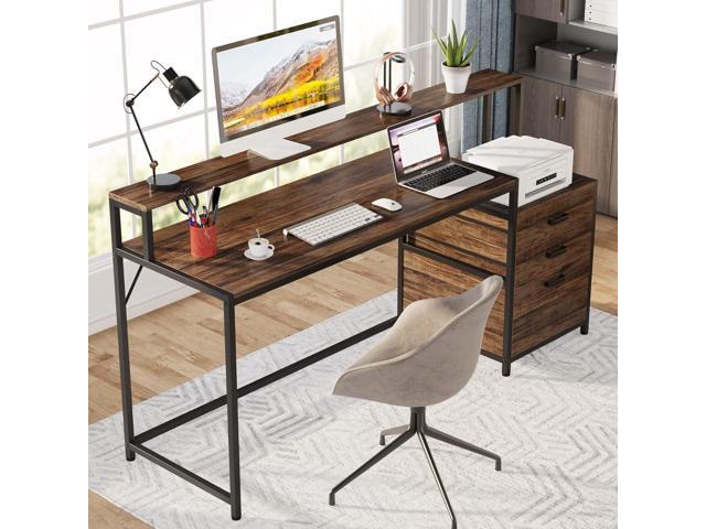 Tribesigns 63 Inch Computer Desk with File Drawer Cabinet, Ergonomic Office Desk with Monitor Stand, Industrial Computer Table with Printer Space,...