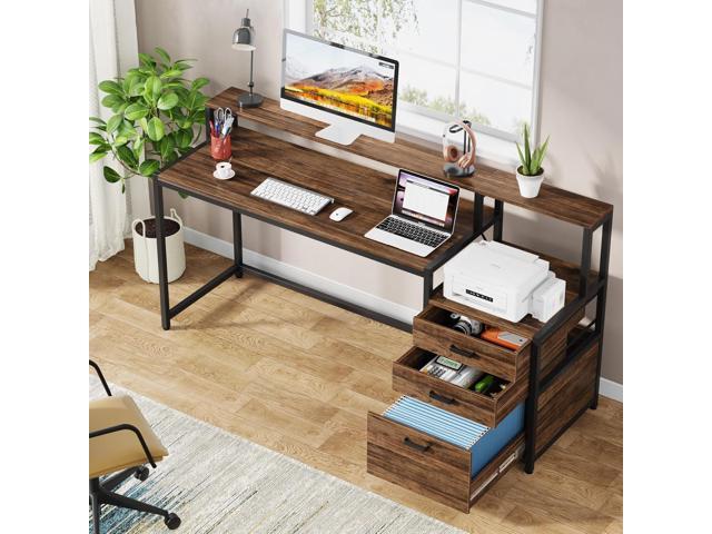 Tribesigns 63 Inch Computer Desk with File Drawer Cabinet, Ergonomic Office Desk with Monitor Stand, Industrial Computer Table with Printer Space,...