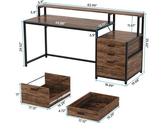 Tribesigns 63 Inch Computer Desk with File Drawer Cabinet, Ergonomic Office Desk with Monitor Stand, Industrial Computer Table with Printer Space,...