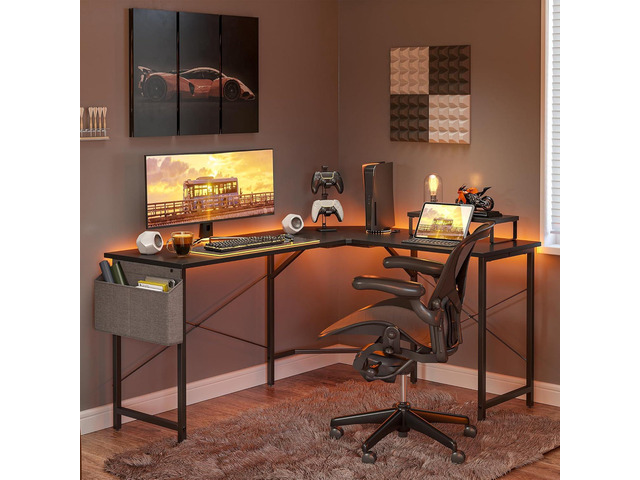 CubiCubi L Shaped Gaming Desk, 47.2 inch Computer Corner Desk with Monitor Shelf for Home Office Study Writing Workstation, Black