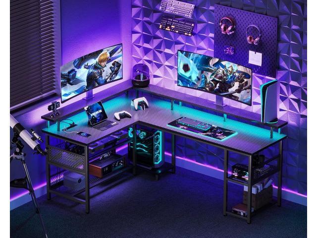 ODK 66' L Shaped Gaming Desk with Power Outlet and LED Lights, Reversible L Shaped Desk with Storage Shelves & Monitor Stand, Gaming Desk with USB...