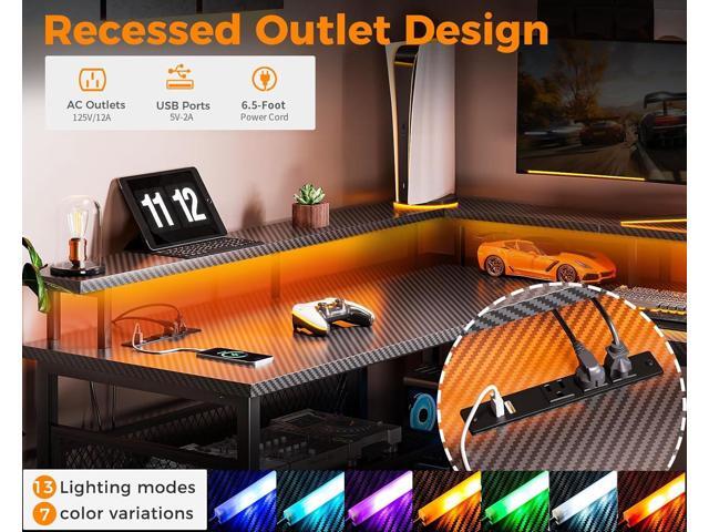 ODK 66' L Shaped Gaming Desk with Power Outlet and LED Lights, Reversible L Shaped Desk with Storage Shelves & Monitor Stand, Gaming Desk with USB...