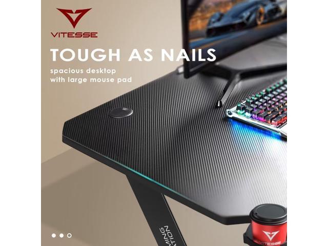 VITESSE Ergonomic Gaming Desk 55 Inch, Z Shaped Office PC Computer Desk with Mouse Pad, Gamer Tables with Gaming Handle Rack, Cup Holder Headphone...
