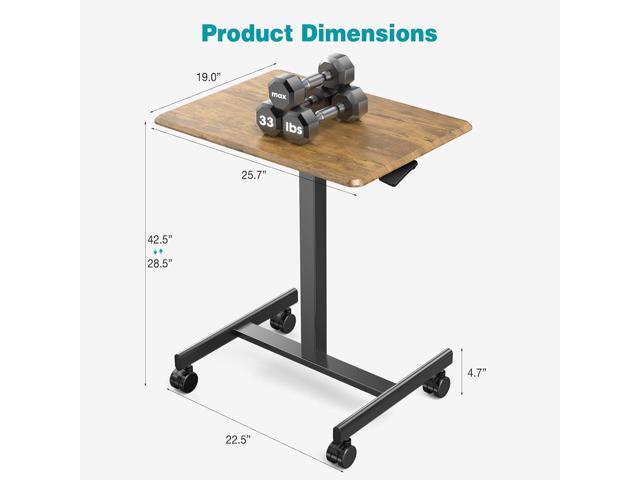 DUMOS Small Standing Desk Mobile Portable Rolling Laptop Desk on Wheels, Adjustable Height Table for Home Office, 19 Inch, Brown