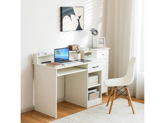Tangkula White Desk with Drawer & Keyboard Tray, 22 Inch Wide Modern Study Writing Desk with Desktop Hutch & Storage Shelves, Home Office Desk for...