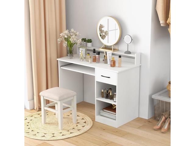 Tangkula White Desk with Drawer & Keyboard Tray, 22 Inch Wide Modern Study Writing Desk with Desktop Hutch & Storage Shelves, Home Office Desk for...