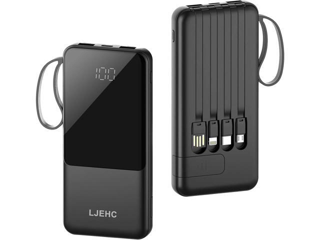 Portable Charger with Built in Cables,10000mAh Slim USB C Power Bank,5 Output 3 Input LED Display High Speed External Battery Pack Travel Phone...