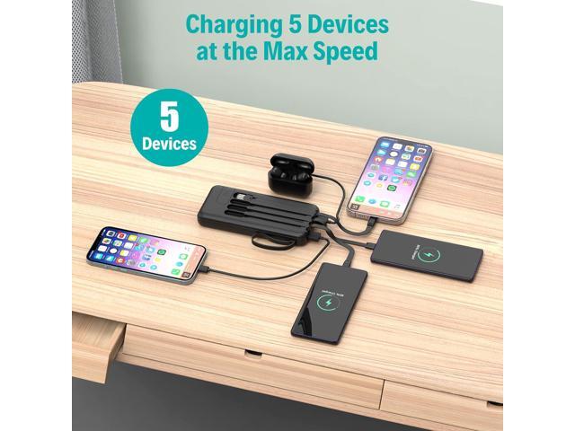 Portable Charger with Built in Cables,10000mAh Slim USB C Power Bank,5 Output 3 Input LED Display High Speed External Battery Pack Travel Phone...