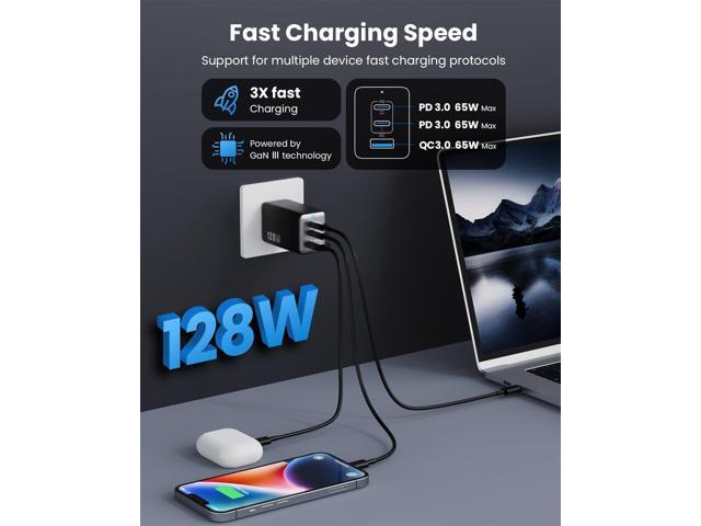 128W USB C Wall Charger,GaN III 3-Port Fast Charging Station,PD QC Foldable Charger Block Portable 65W Laptop Adapter for MacBook Pro/Air,iPad...