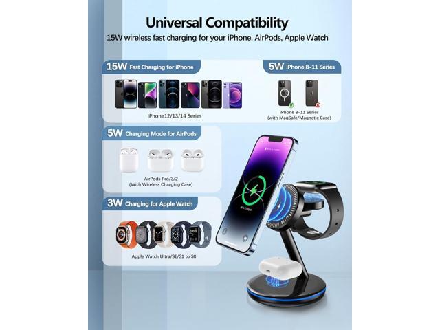 3 in 1 Charging Station for Apple Devices 18W Fast Mag-Safe Charger Stand Magnetic Wireless Charger Station for iPhone 15 14 13 12 Pro/Pro...