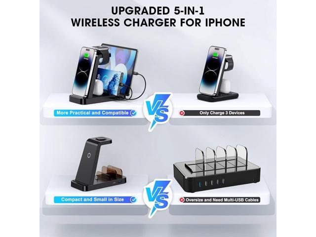 Wireless Charger for iPhone - 5 in 1 Charging Station for Multiple Devices Apple: Fast Wireless Charging Stand Dock for iPhone 14 13 12 Pro Max...