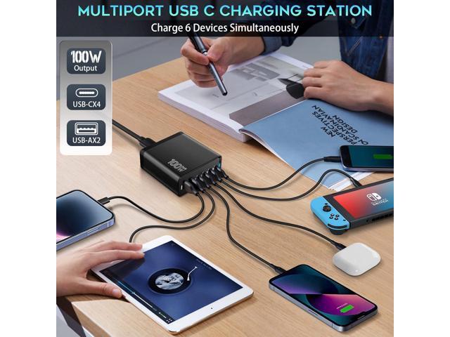 Fast USB C Charging Station, Total 100W 6-Port Charger Block with 4 USB-C and 2 USB-A Ports Quick 3.0 Adapter Work for iPhone 16 15 14 13 Pro Max,...