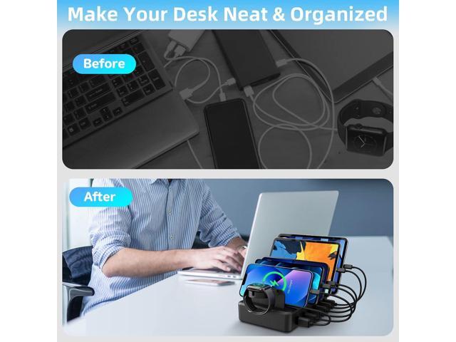 Charging Station for Multiple Devices, CREATIVE DESIGN 50W 6 Ports USB Charger Station with Apple Watch Holder & 6 Cables, Charging Dock for iPad...