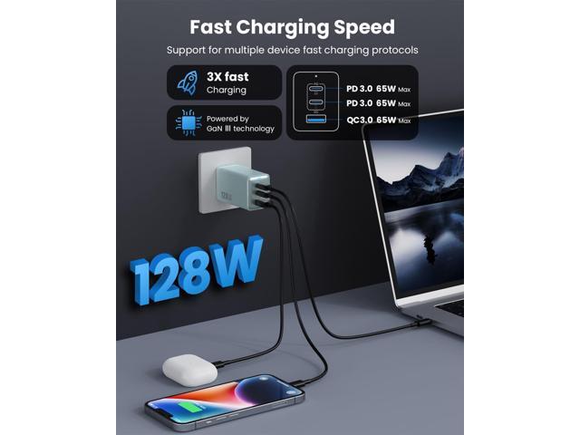 128W USB C Charger,GaN III Foldable Compact Wall Charger,3 Port Charging Station PD QC PPS Fast Charger Laptop Adapter for MacBook...