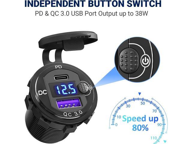 Cigarette Lighter Socket 12 Volt USB Outlet: PD 20W C and QC3.0 Car Port Aluminum Metal 12V Plug, 150W Charger Panel with Power Switch LED...
