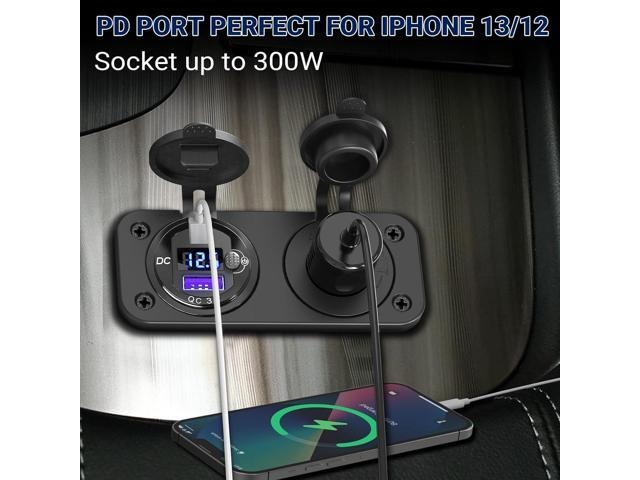 Cigarette Lighter Socket 12 Volt USB Outlet: PD 20W C and QC3.0 Car Port Aluminum Metal 12V Plug, 150W Charger Panel with Power Switch LED...