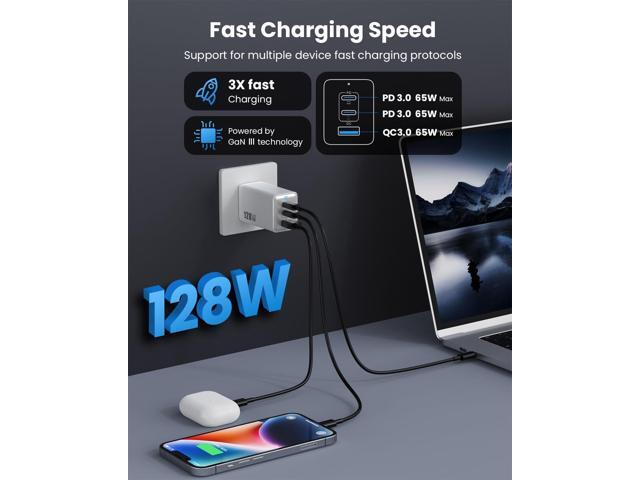 128W USB C Wall Charger,GaN III 3-Port Fast Charging Station,PD QC Foldable Charger Block Portable 65W USB C Laptop Adapter for MacBook...