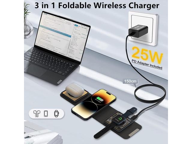 Mag-Safe 3 in 1 Charging Station for Apple, [with 25W Adapter] Foldable Magnetic Wireless Charger, 15W Fast Charging Pad Travel Charger for Multple...