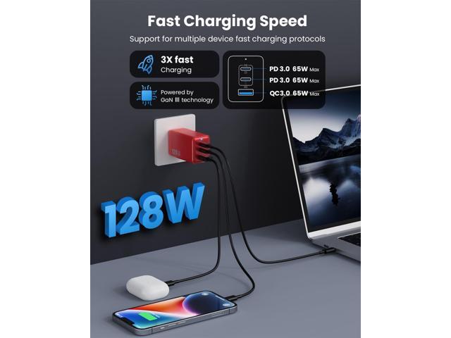 128W USB C Wall Charger,GaN III 3-Port Fast Charging Station,PD QC Foldable Charger Block Portable 65W USB C Laptop Adapter for MacBook...