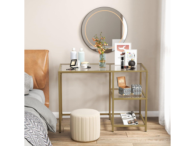 Tangkula Tempered Glass Computer Desk with 2-Tier Storage Shelves, Modern Computer Workstation, Vanity Makeup Table, Sturdy Metal Frame, Home...