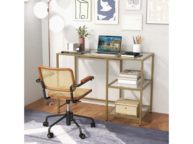 Tangkula Tempered Glass Computer Desk with 2-Tier Storage Shelves, Modern Computer Workstation, Vanity Makeup Table, Sturdy Metal Frame, Home...