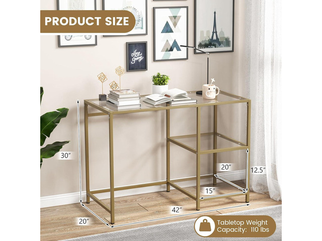 Tangkula Tempered Glass Computer Desk with 2-Tier Storage Shelves, Modern Computer Workstation, Vanity Makeup Table, Sturdy Metal Frame, Home...