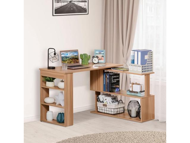 HOMCOM L Shaped Corner Desk, 360 Degree Rotating Home Office Desk with Storage Shelves, Writing Table Workstation, Maple