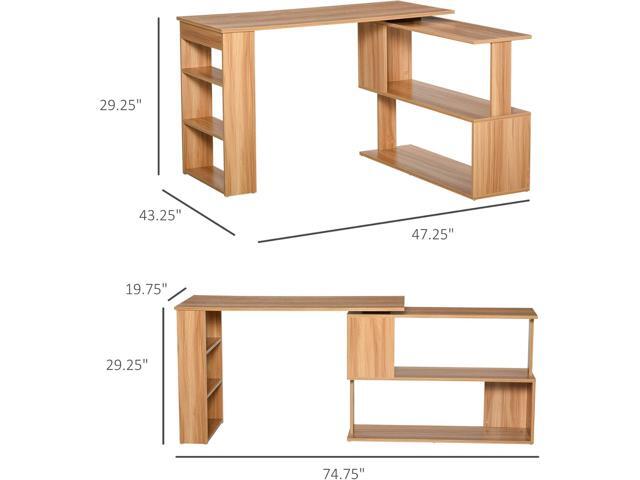 HOMCOM L Shaped Corner Desk, 360 Degree Rotating Home Office Desk with Storage Shelves, Writing Table Workstation, Maple