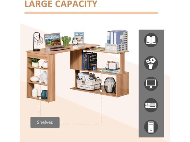 HOMCOM L Shaped Corner Desk, 360 Degree Rotating Home Office Desk with Storage Shelves, Writing Table Workstation, Maple