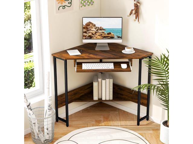 Tangkula Corner Desk with Keyboard Tray, 90-Degree Triangle Corner Computer Desk for Small Space, Industrial Writing Desk with Storage Shelf,...