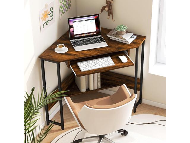 Tangkula Corner Desk with Keyboard Tray, 90-Degree Triangle Corner Computer Desk for Small Space, Industrial Writing Desk with Storage Shelf,...