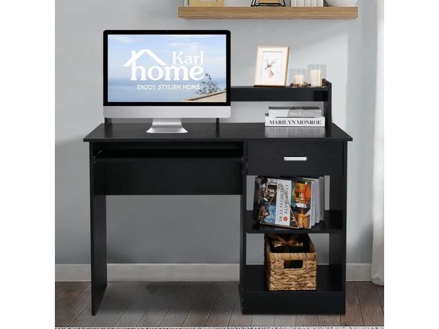 Karl home Computer Desk Study Writing Desk, Wooden Home Office Workstation PC Laptop Table with Drawer Shelf Keyboard Tray, Black