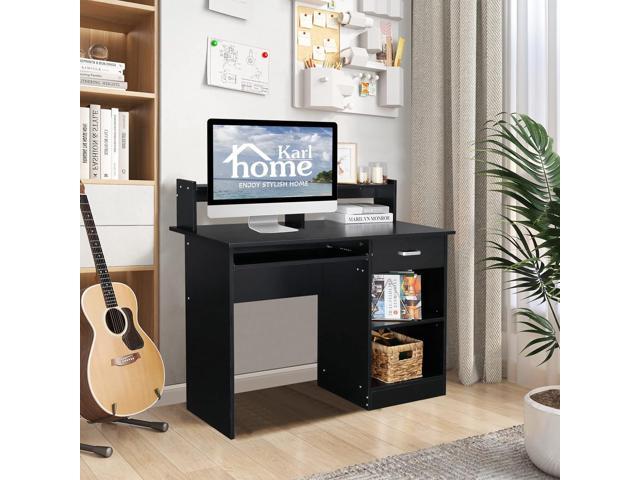 Karl home Computer Desk Study Writing Desk, Wooden Home Office Workstation PC Laptop Table with Drawer Shelf Keyboard Tray, Black