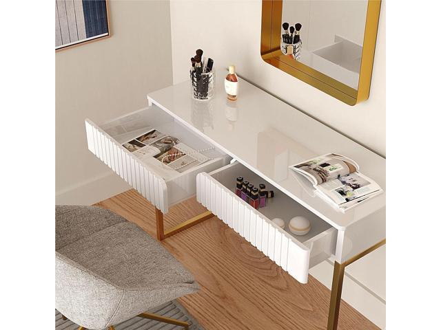 White Vanity Desk with 2 Drawers, Gold and White Desk,Home Office Desk Modern Makeup Vanity Table, Entryway Console Table, Sofa Table (Golden Legs)