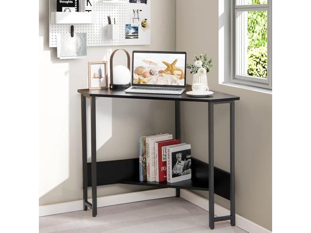 Tangkula Corner Desk with Power Outlet & USB Ports, Triangle Computer Desk with Charging Station, Storage Shelf, Space Saving Writing Desk, Vanity...