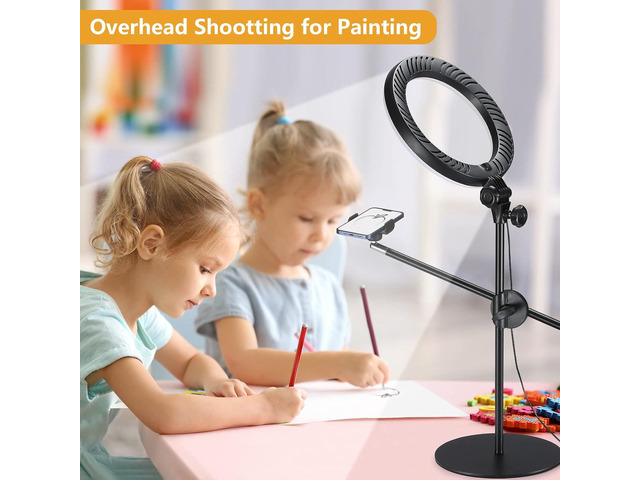 Selfie Ring Light with Stand and Phone Holder,Overhead Phone Mount with 10.5' Ring Lights,Desk Circle Light with Tripod Adjustable Shooting Arm for...