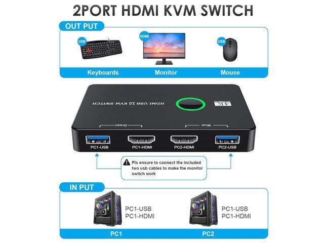KVM Switch HDMI, Upgraded USB and HDMI KVM Switch for 2 Computers Share Keyboard Mouse Printer to One HD Monitor, Supports 4K@60 Hz, 2 HDMI Cables...