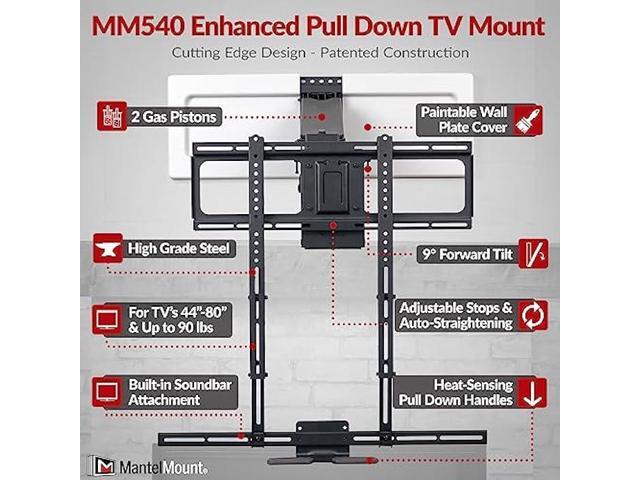 MantelMount MM540 - Above Fireplace Pull Down TV Mount for 40 to 80 Screen TVs to 90 lbs, with Patented auto-straightening, Adjustable Stops, Heat...