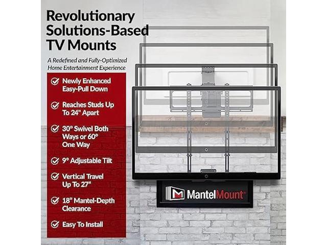 MantelMount MM540 - Above Fireplace Pull Down TV Mount for 40 to 80 Screen TVs to 90 lbs, with Patented auto-straightening, Adjustable Stops, Heat...