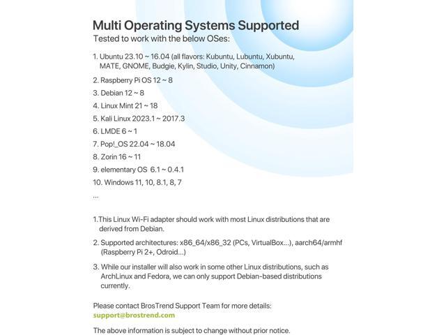 BrosTrend 650Mbps Linux Compatible WiFi Adapter Supports Kali Linux, Ubuntu, Mint, Debian, Kubuntu, Zorin, PureOS, Raspberry Pi 2+, Windows, Dual...