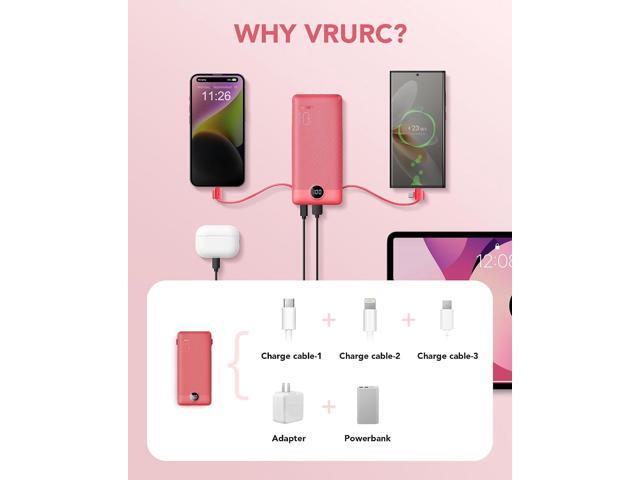 Portable Charger Built-in Cables and AC Wall Plug, VRURC USB C Power Bank 10000mAh, Travel Battery Portable Phone Charger Compact Lightweight...
